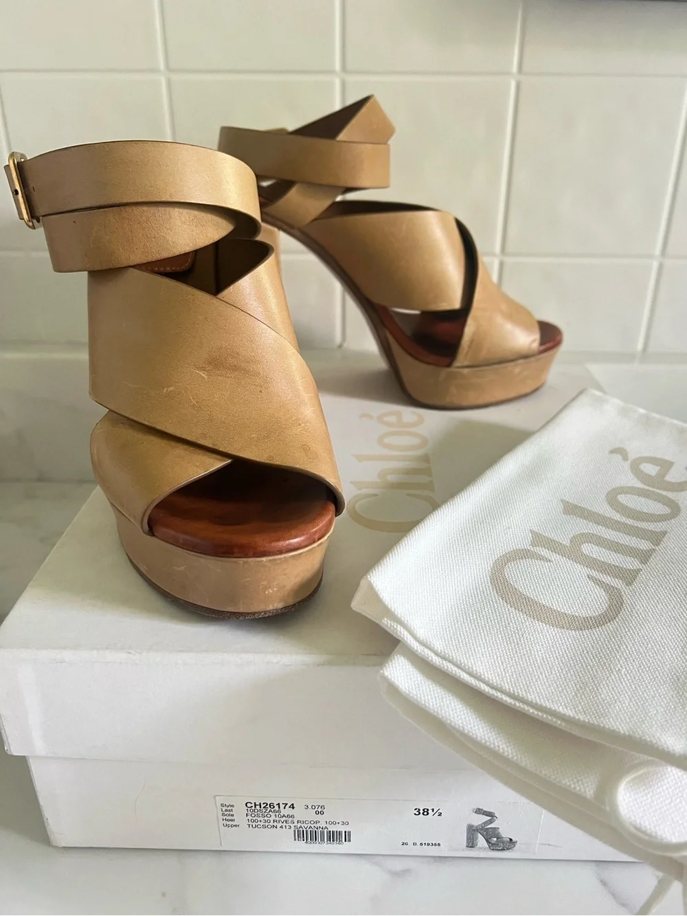 Authentic Chloe Tan Crossover Ankle Strap Platform Heels - Women’s 38.5